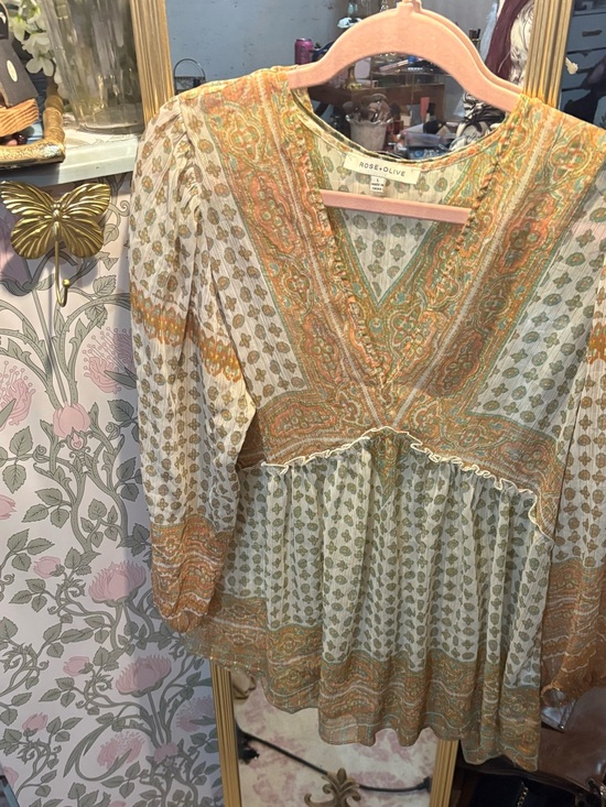Rose & Olive Tops - Rose & Olive Sage and Mustard Paisley V-Neck Peasant Tunic
